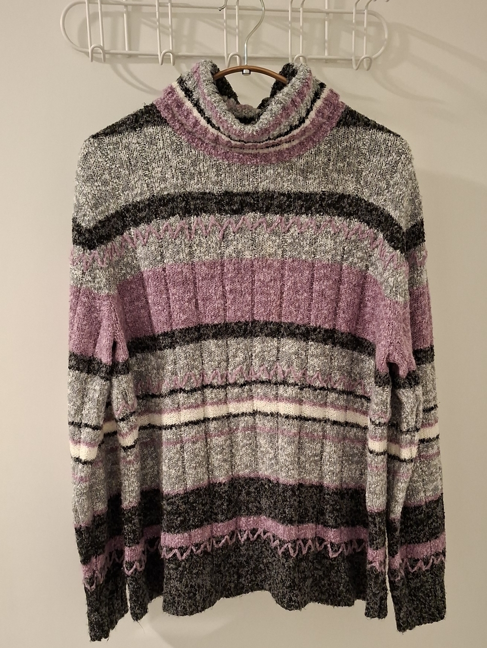 Vintage 90's Purple & Grey Chenille Wide-rib Striped Oversized Sweater (Size XL)